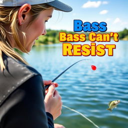 A realistic image of a female angler fishing for bass by the water's edge