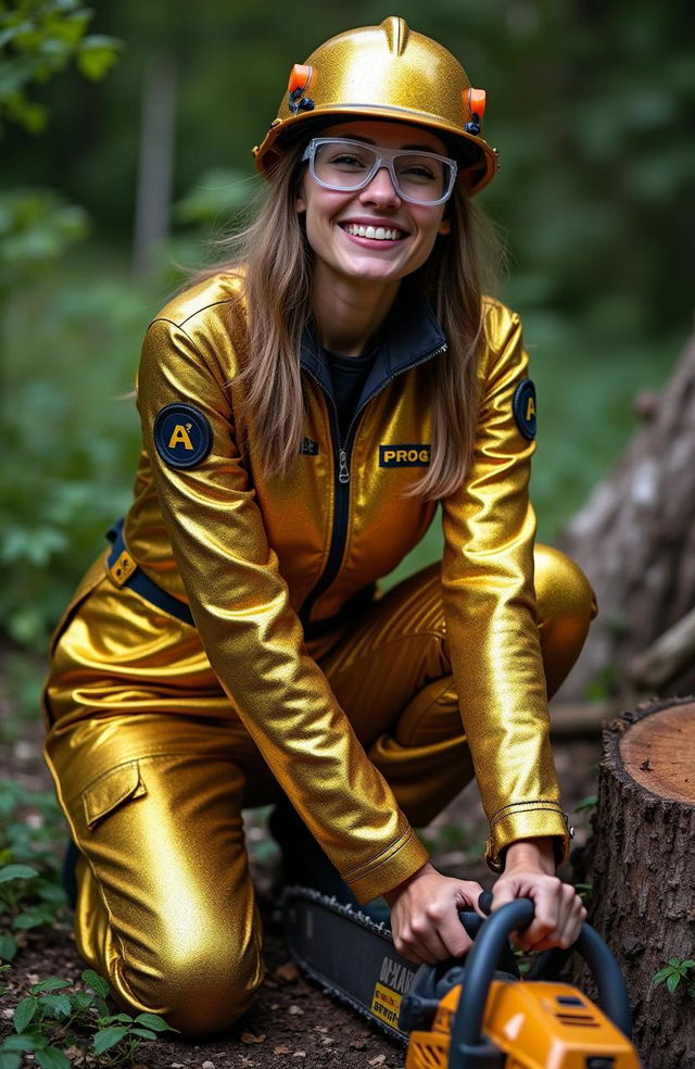 A woman dressed in a stunning golden and black work suit with the word 'PROG' printed prominently