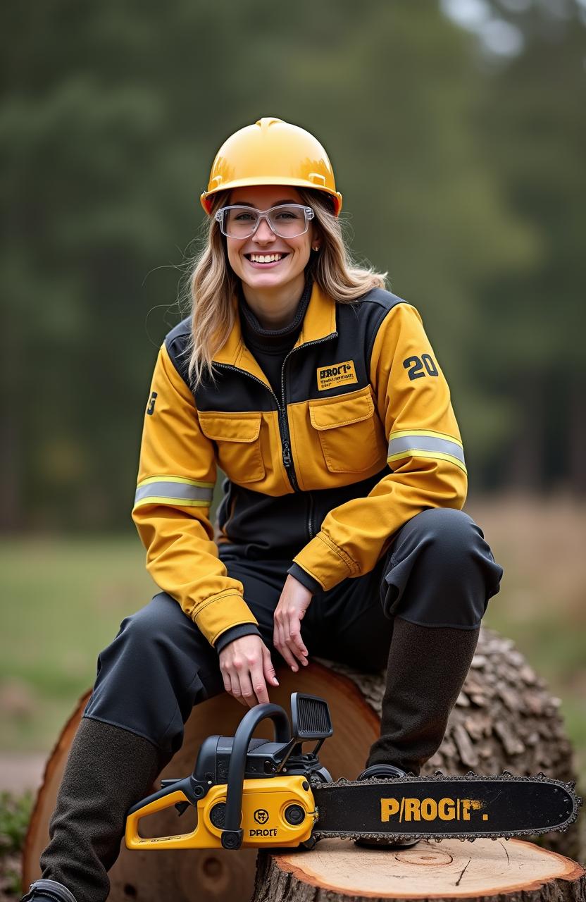 A woman wearing a gold and black work suit with the word 'PROG' printed on it, a matching gold helmet, and transparent safety glasses