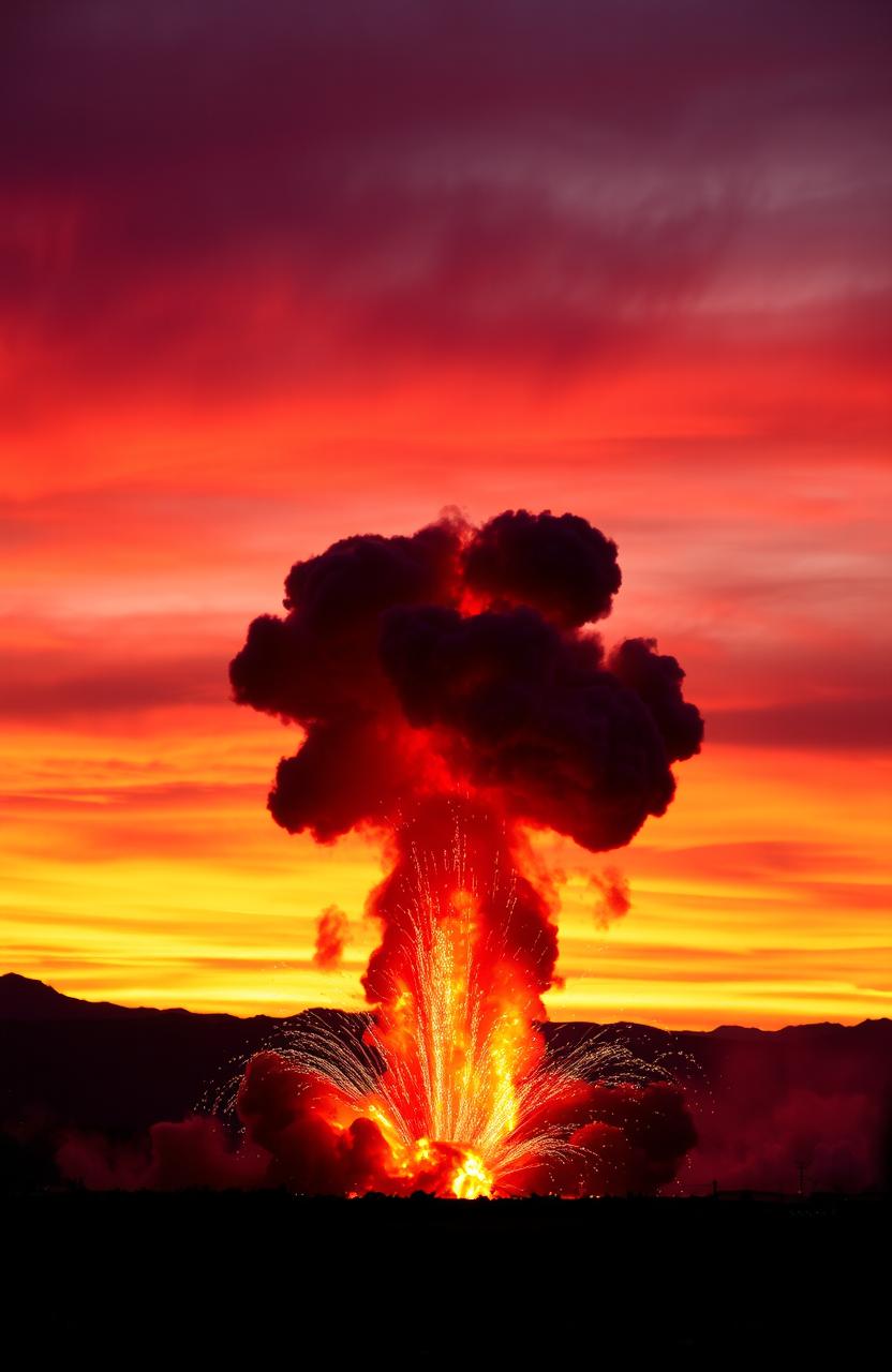 A dramatic explosion in a vibrant sunset sky, with vivid orange and purple hues creating a stunning backdrop