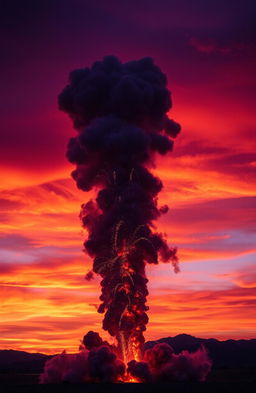 A dramatic explosion in a vibrant sunset sky, with vivid orange and purple hues creating a stunning backdrop