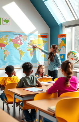 An engaging and colorful geography classroom setting where a diverse group of students are actively participating in a lesson