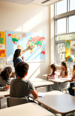 An engaging and colorful geography classroom setting where a diverse group of students are actively participating in a lesson