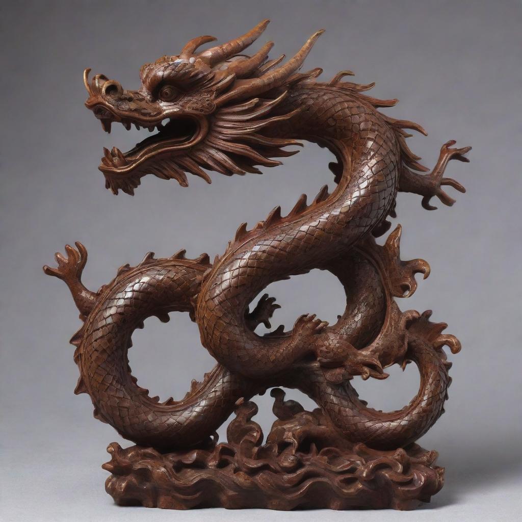 Intricate Chinese dragon carved from rich, deep mahogany wood, twisting in mid-air with scales meticulously detailed.