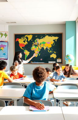 An engaging and colorful geography classroom setting where a diverse group of students are actively participating in a lesson