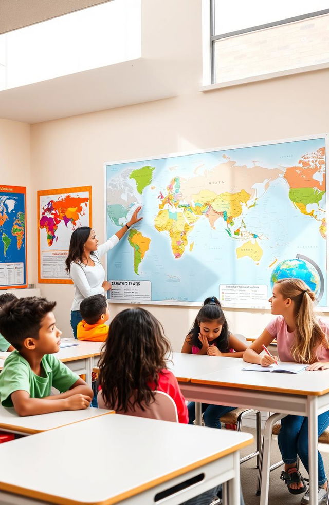 An engaging and colorful geography classroom setting where a diverse group of students are actively participating in a lesson