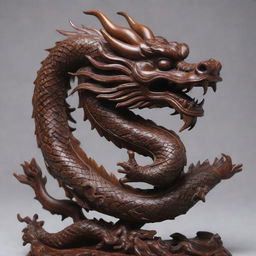 Intricate Chinese dragon carved from rich, deep mahogany wood, twisting in mid-air with scales meticulously detailed.