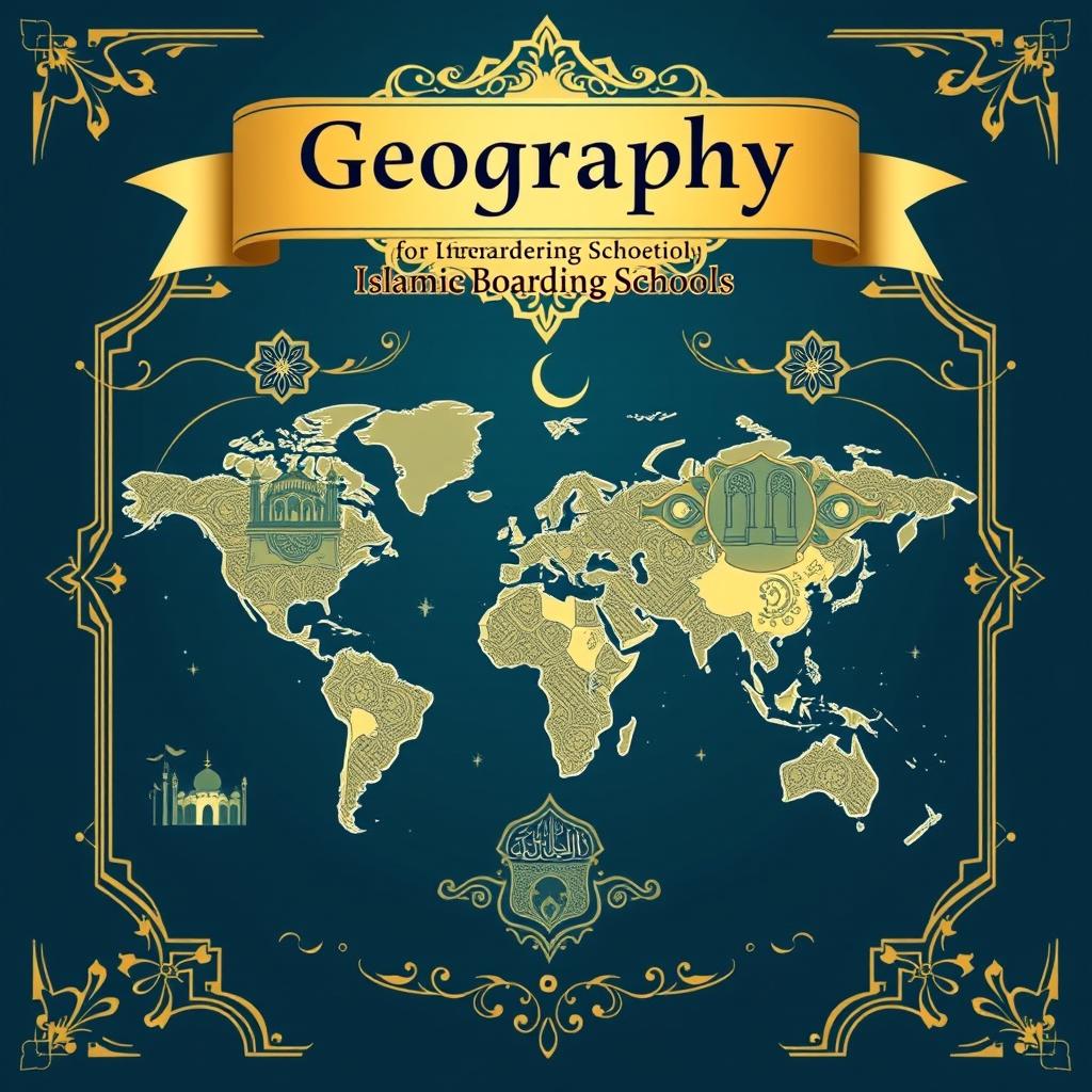 A striking cover design for a geography lesson book intended for an Islamic boarding school, formatted for A4 paper