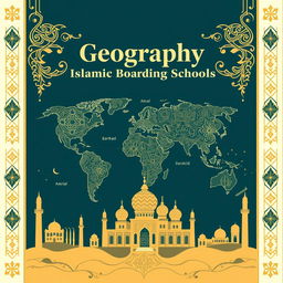 A striking cover design for a geography lesson book intended for an Islamic boarding school, formatted for A4 paper