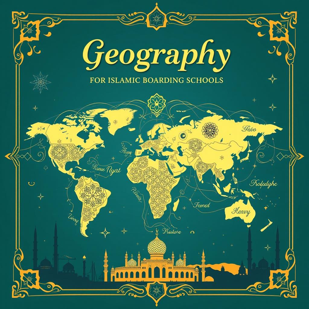 A striking cover design for a geography lesson book intended for an Islamic boarding school, formatted for A4 paper