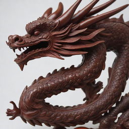 Intricate Chinese dragon carved from rich, deep mahogany wood, twisting in mid-air with scales meticulously detailed.