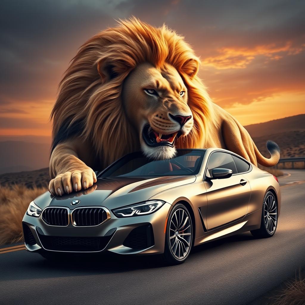 A stunning and imaginative fusion of a powerful lion and a sleek BMW car, seamlessly blending the fierce features of the lion, including its majestic mane and imposing physique, with the dynamic and elegant design of a BMW