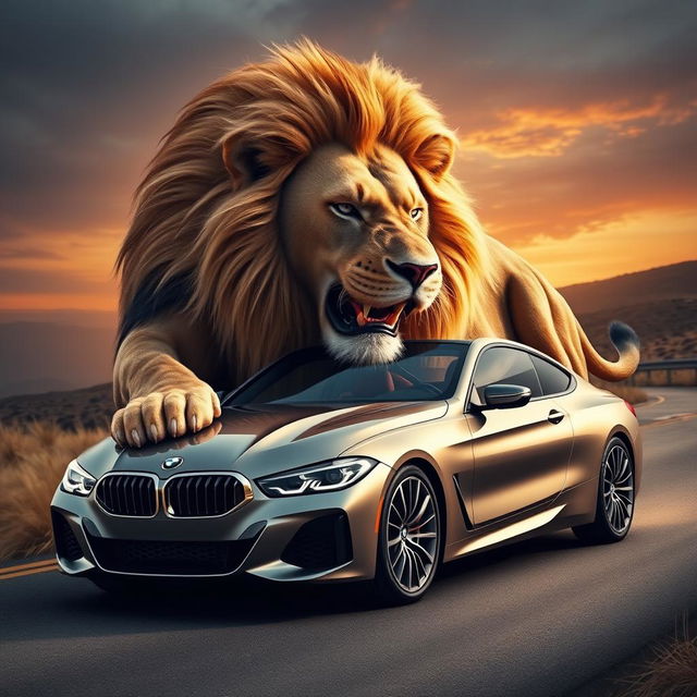 A stunning and imaginative fusion of a powerful lion and a sleek BMW car, seamlessly blending the fierce features of the lion, including its majestic mane and imposing physique, with the dynamic and elegant design of a BMW