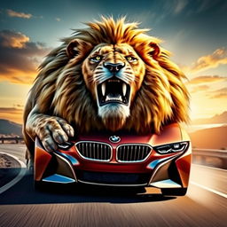 A stunning and imaginative fusion of a powerful lion and a sleek BMW car, seamlessly blending the fierce features of the lion, including its majestic mane and imposing physique, with the dynamic and elegant design of a BMW