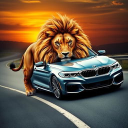 A stunning and imaginative fusion of a powerful lion and a sleek BMW car, seamlessly blending the fierce features of the lion, including its majestic mane and imposing physique, with the dynamic and elegant design of a BMW