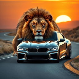 A stunning and imaginative fusion of a powerful lion and a sleek BMW car, seamlessly blending the fierce features of the lion, including its majestic mane and imposing physique, with the dynamic and elegant design of a BMW