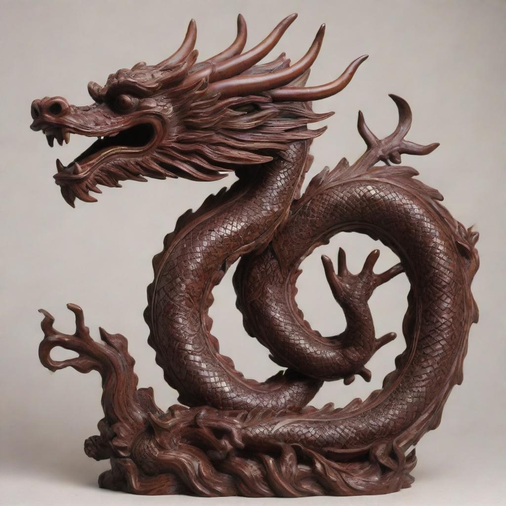 Intricate Chinese dragon carved from rich, deep mahogany wood, twisting in mid-air with scales meticulously detailed.