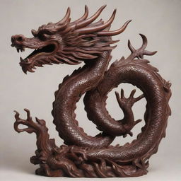 Intricate Chinese dragon carved from rich, deep mahogany wood, twisting in mid-air with scales meticulously detailed.