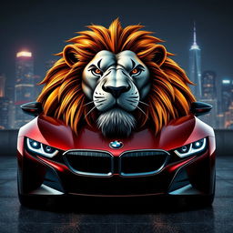 An artistic and powerful representation of a lion and a BMW car merged into a single entity, where the body of the car is seamlessly integrated with the lion's majestic head and mane