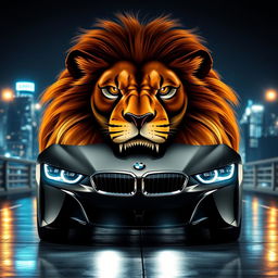 An artistic and powerful representation of a lion and a BMW car merged into a single entity, where the body of the car is seamlessly integrated with the lion's majestic head and mane