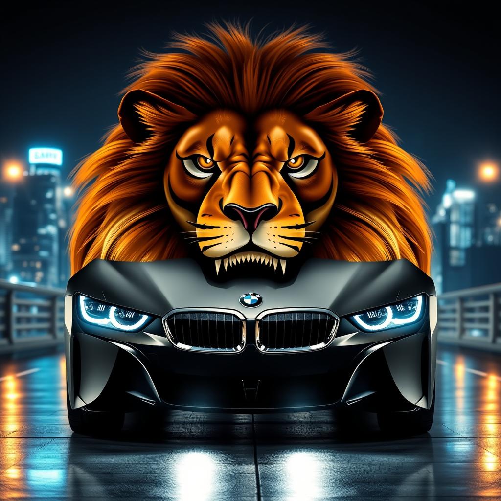 An artistic and powerful representation of a lion and a BMW car merged into a single entity, where the body of the car is seamlessly integrated with the lion's majestic head and mane