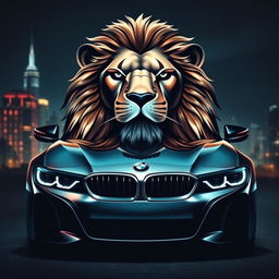 An artistic and powerful representation of a lion and a BMW car merged into a single entity, where the body of the car is seamlessly integrated with the lion's majestic head and mane