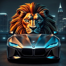 An artistic and powerful representation of a lion and a BMW car merged into a single entity, where the body of the car is seamlessly integrated with the lion's majestic head and mane