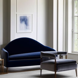 A living room featuring a navy blue velvet sofa, a complementary grey velvet chair and a welcoming chimney creating a warm atmosphere.