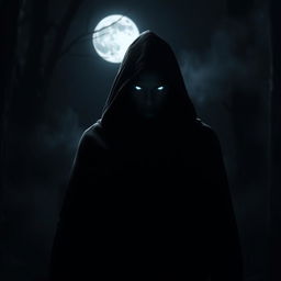 A mysterious figure cloaked in dark clothing stands in the shadows of a moonlit night, exuding an aura of betrayal