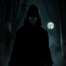 A mysterious figure cloaked in dark clothing stands in the shadows of a moonlit night, exuding an aura of betrayal