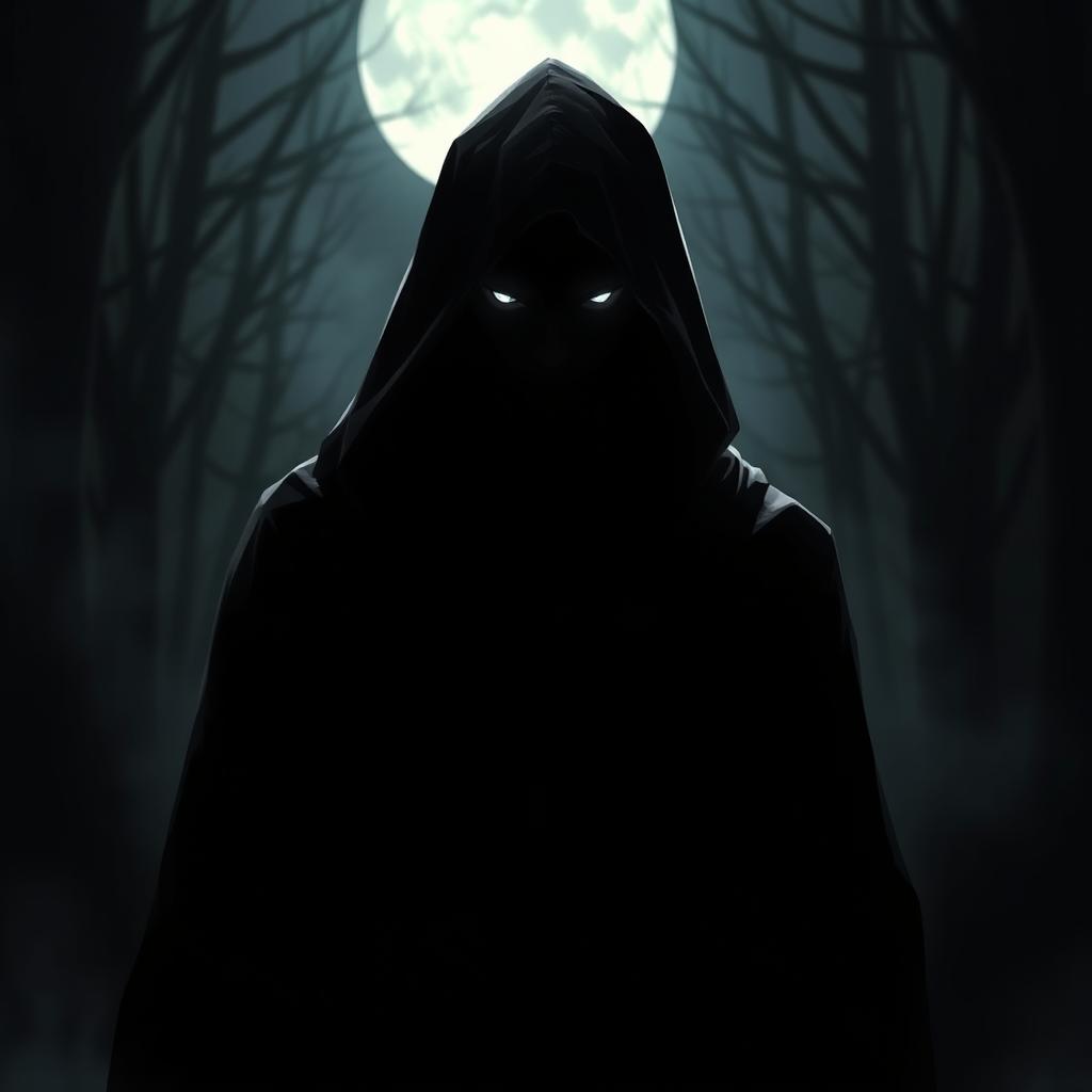 A mysterious figure cloaked in dark clothing stands in the shadows of a moonlit night, exuding an aura of betrayal