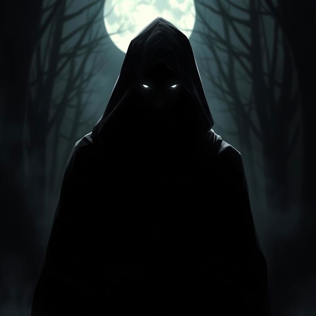 A mysterious figure cloaked in dark clothing stands in the shadows of a moonlit night, exuding an aura of betrayal