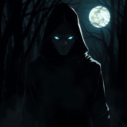 A mysterious figure cloaked in dark clothing stands in the shadows of a moonlit night, exuding an aura of betrayal