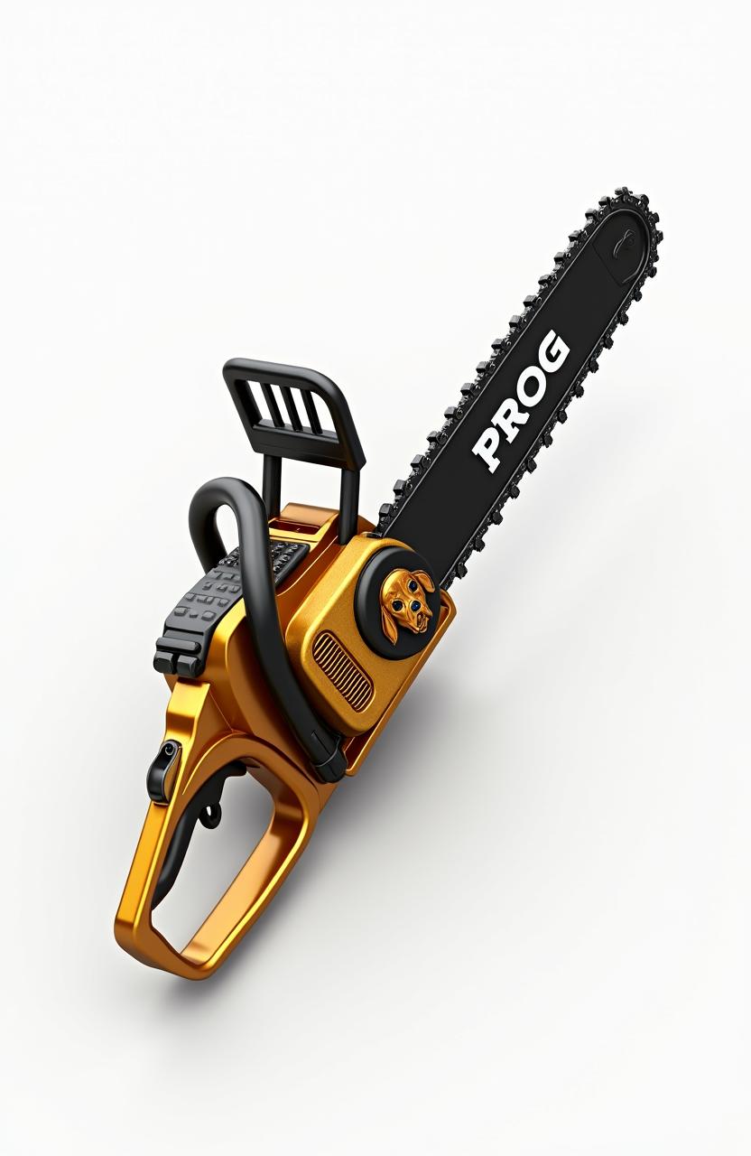 A 3D representation of a chainsaw in gold and black colors, featuring a logo of a cocker spaniel dog's head and the word 'PROG' on the blade