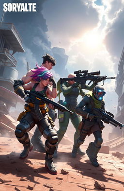 An intense action scene from a battle royale game, depicting a group of four diverse characters in dynamic poses, equipped with futuristic weapons and tactical gear, set in a vibrant, detailed urban environment post-battle