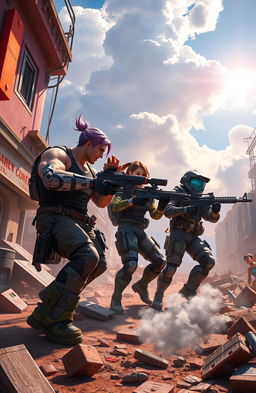 An intense action scene from a battle royale game, depicting a group of four diverse characters in dynamic poses, equipped with futuristic weapons and tactical gear, set in a vibrant, detailed urban environment post-battle