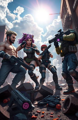 An intense action scene from a battle royale game, depicting a group of four diverse characters in dynamic poses, equipped with futuristic weapons and tactical gear, set in a vibrant, detailed urban environment post-battle