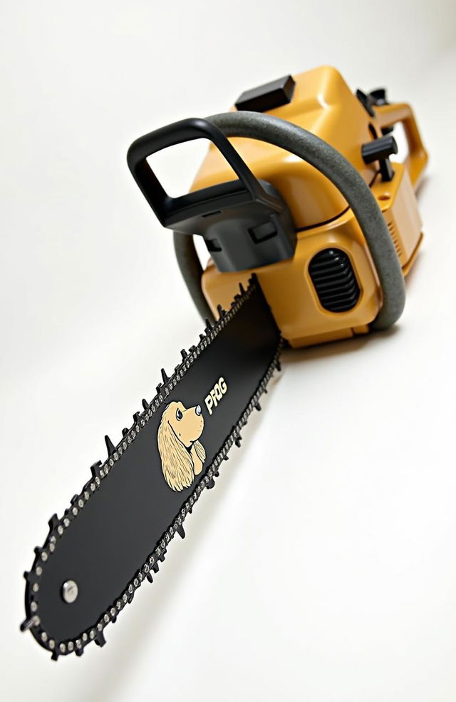 A gold and black chainsaw featuring a logo of a Cocker Spaniel dog's head prominently displayed on the blade, along with the word 'PROG'