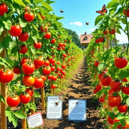 A beautiful yet informative scene depicting a thriving tomato cultivation area, featuring rows of lush green tomato plants heavy with ripe red tomatoes, in a sunny, well-maintained garden setting