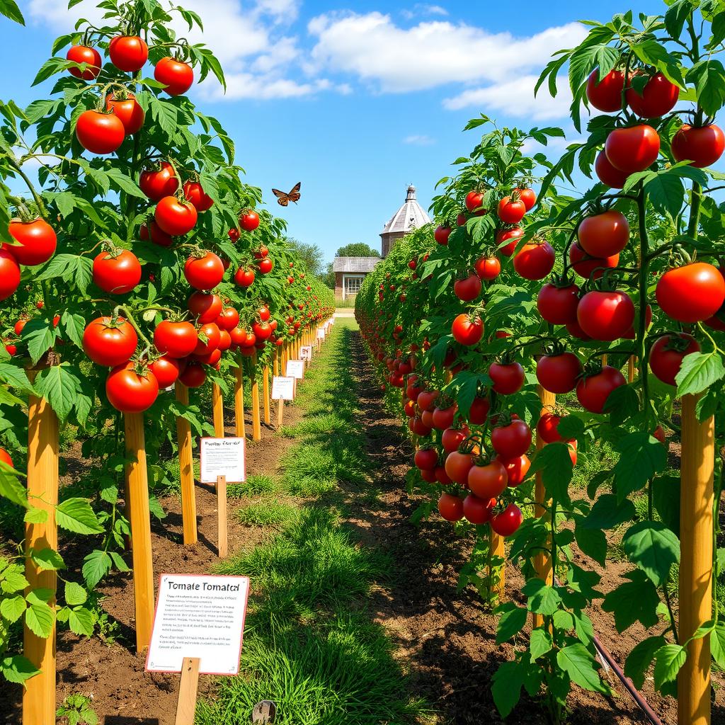 A beautiful yet informative scene depicting a thriving tomato cultivation area, featuring rows of lush green tomato plants heavy with ripe red tomatoes, in a sunny, well-maintained garden setting