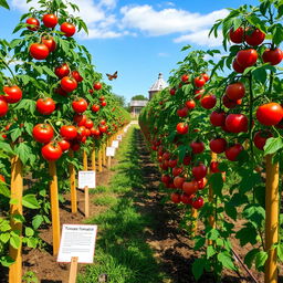 A beautiful yet informative scene depicting a thriving tomato cultivation area, featuring rows of lush green tomato plants heavy with ripe red tomatoes, in a sunny, well-maintained garden setting