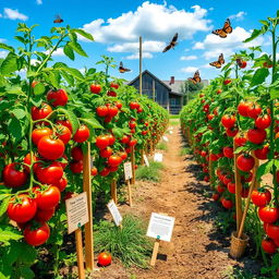 A beautiful yet informative scene depicting a thriving tomato cultivation area, featuring rows of lush green tomato plants heavy with ripe red tomatoes, in a sunny, well-maintained garden setting