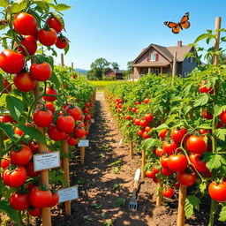 A beautiful yet informative scene depicting a thriving tomato cultivation area, featuring rows of lush green tomato plants heavy with ripe red tomatoes, in a sunny, well-maintained garden setting