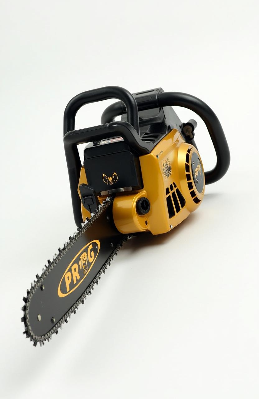 A gasoline chainsaw designed in a striking gold and black color scheme, featuring a logo of a cocker spaniel dog's head with the word 'PROG' displayed prominently on the blade