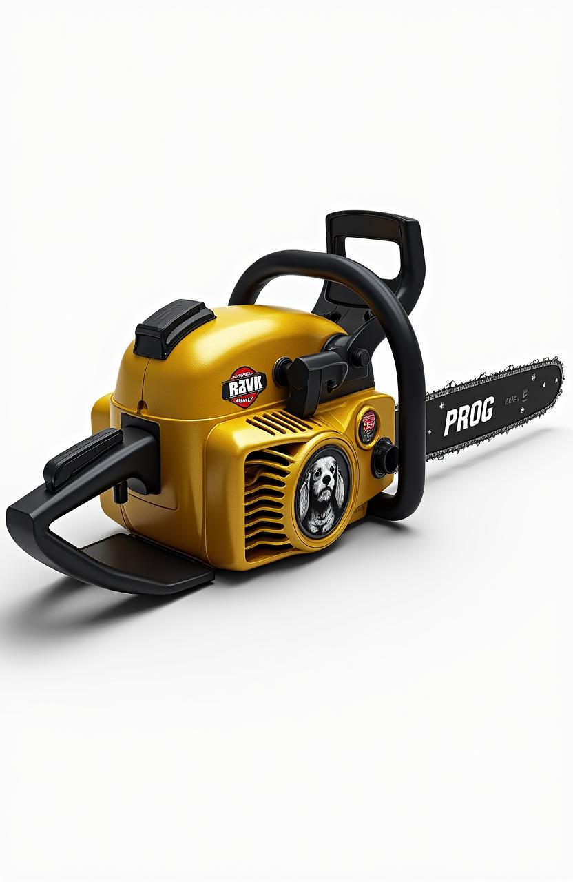 A gasoline chainsaw designed in striking gold and black colors, featuring a logo of a cocker spaniel's head on the side