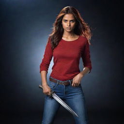 The Indian girl with reddish-brown hair, now without the eyepatch, dons a full-sleeve red t-shirt and jeans and bravely wields a sword, against a backdrop of an intensified dark and ominous atmosphere.