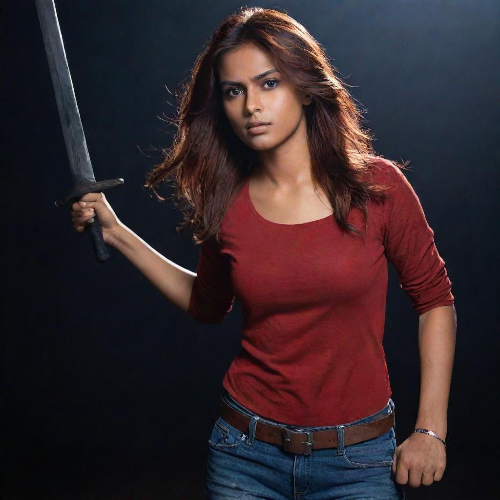 The Indian girl with reddish-brown hair, now without the eyepatch, dons a full-sleeve red t-shirt and jeans and bravely wields a sword, against a backdrop of an intensified dark and ominous atmosphere.