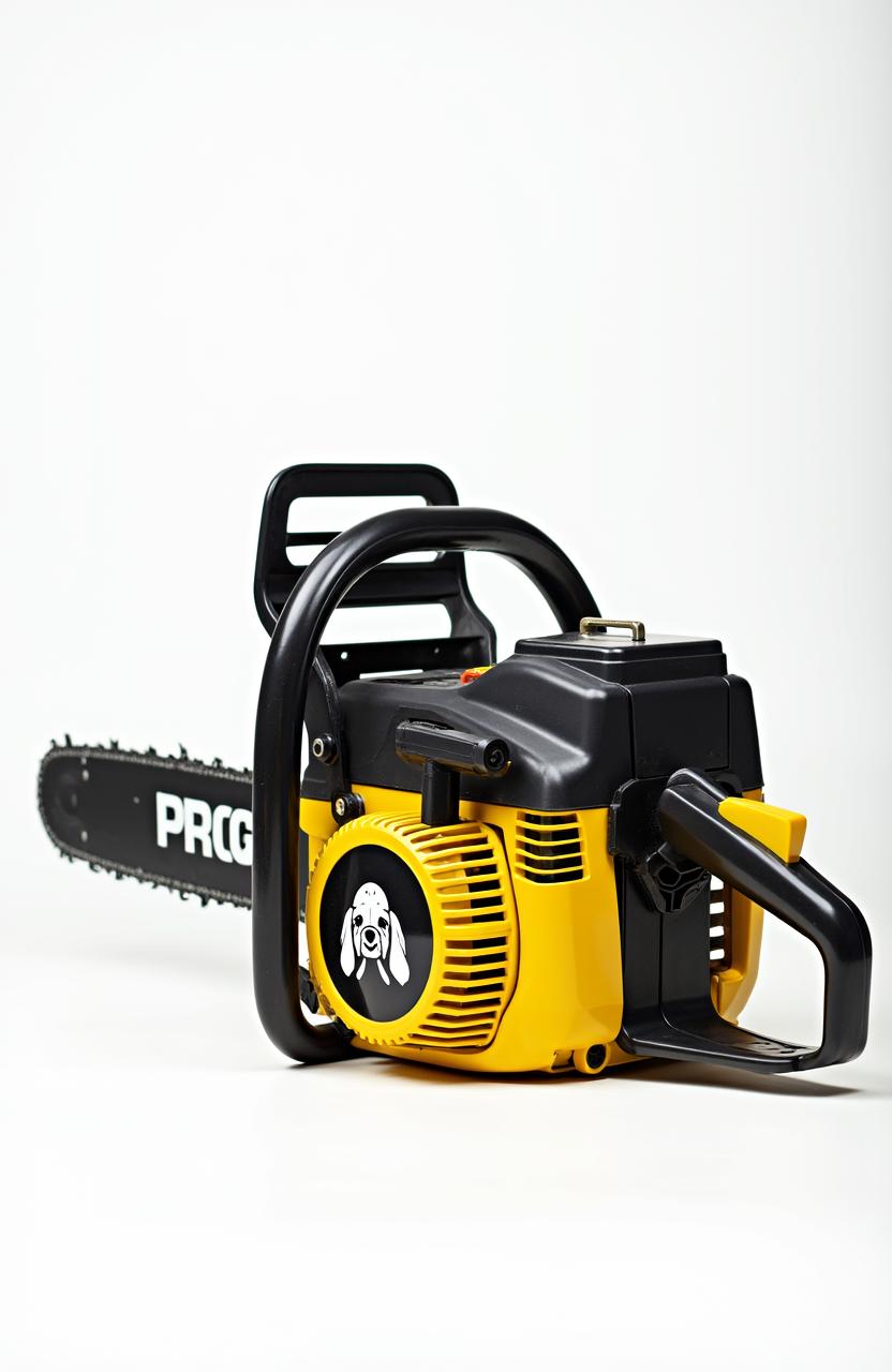 A gas-powered chainsaw with a striking gold and black color scheme, featuring a large blade prominently displaying a logo of a cocker spaniel dog's head and the word 'PROG'