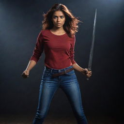 The Indian girl with reddish-brown hair, now without the eyepatch, dons a full-sleeve red t-shirt and jeans and bravely wields a sword, against a backdrop of an intensified dark and ominous atmosphere.