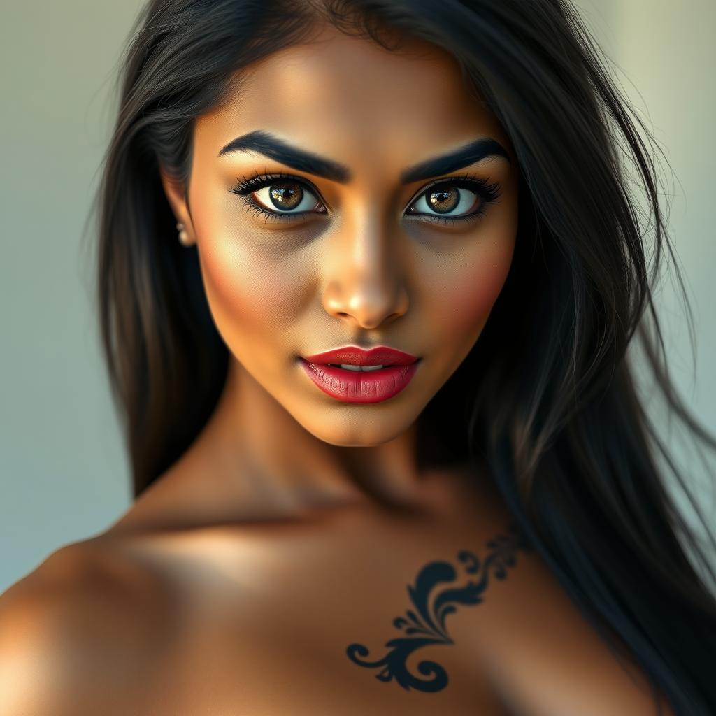 A hyper-realistic photograph of a beautiful Indian woman, 25 years old, with an athletic body, showcasing her full figure